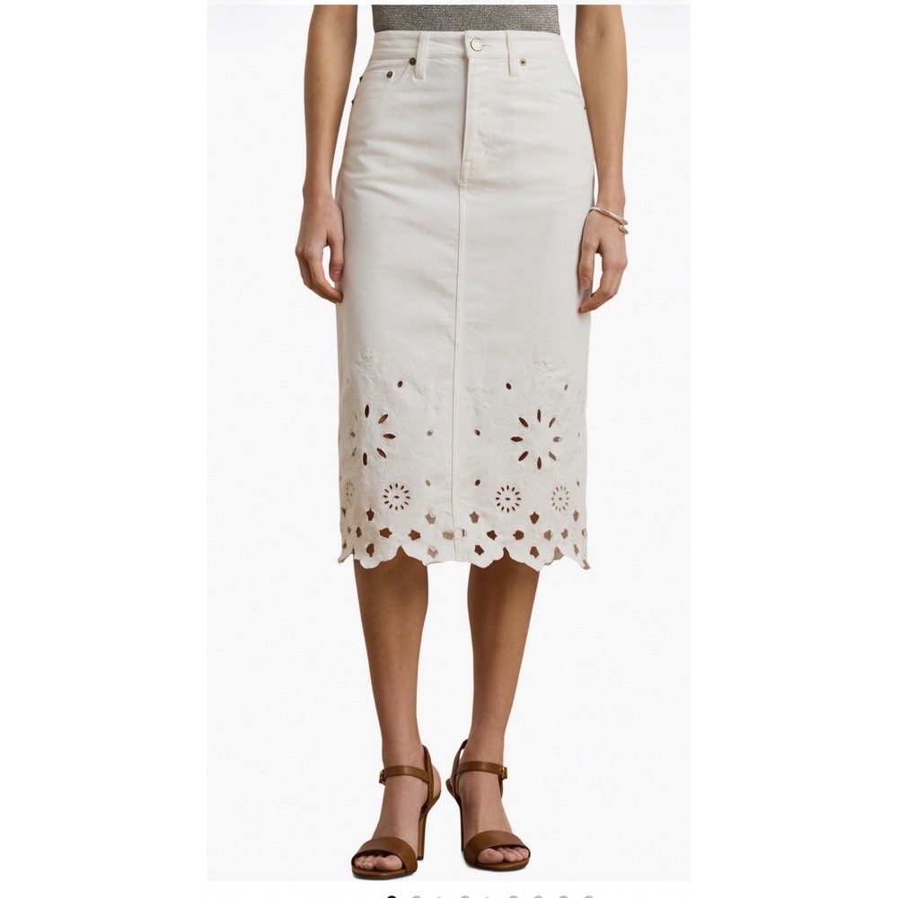 Lauren Ralph Lauren White Eyelet Denim Midi Skirt Scalloped Hem 10785106 10
